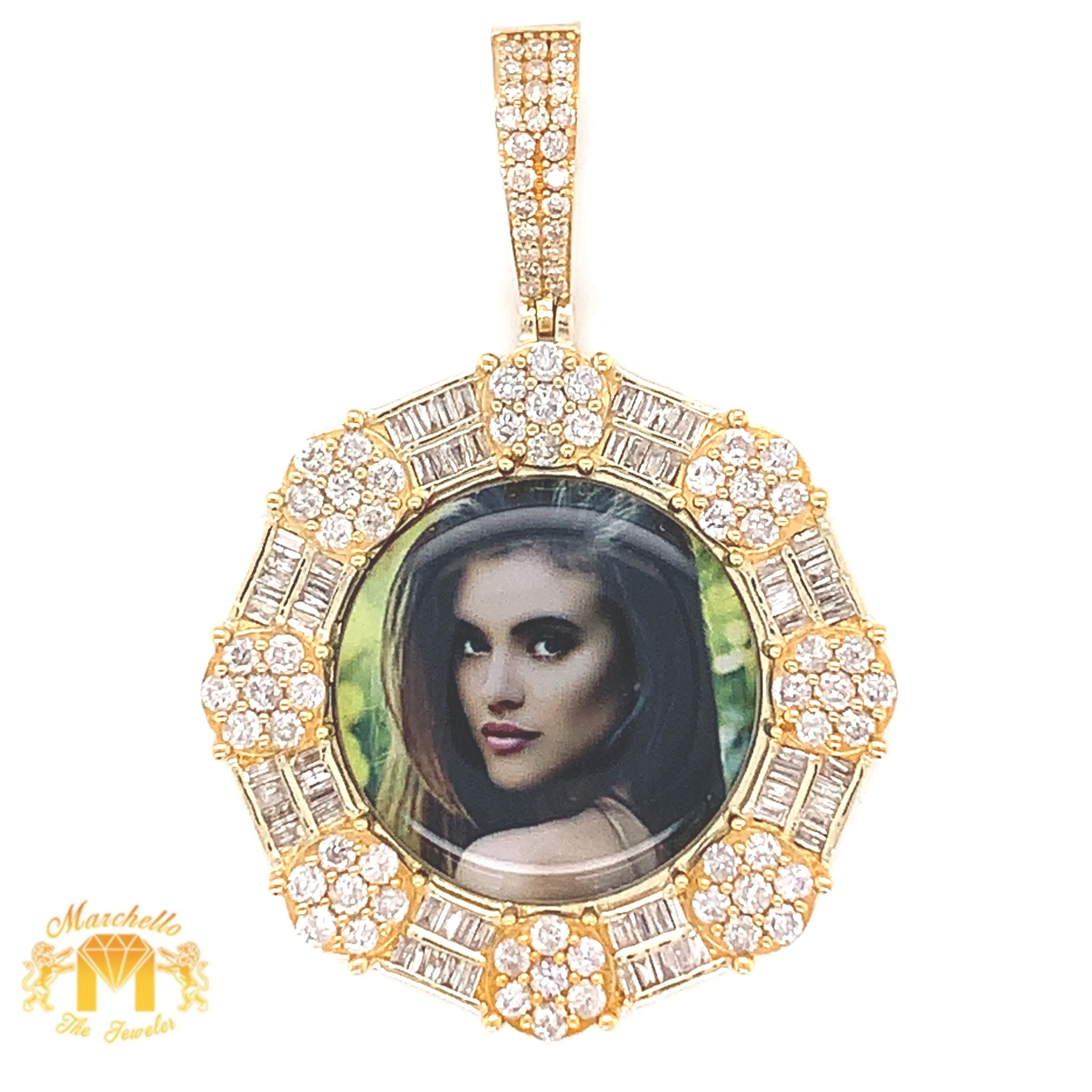 14k Gold Memory Picture Pendant with Baguette and Round Diamond and Gold Cuban Link Chain Set