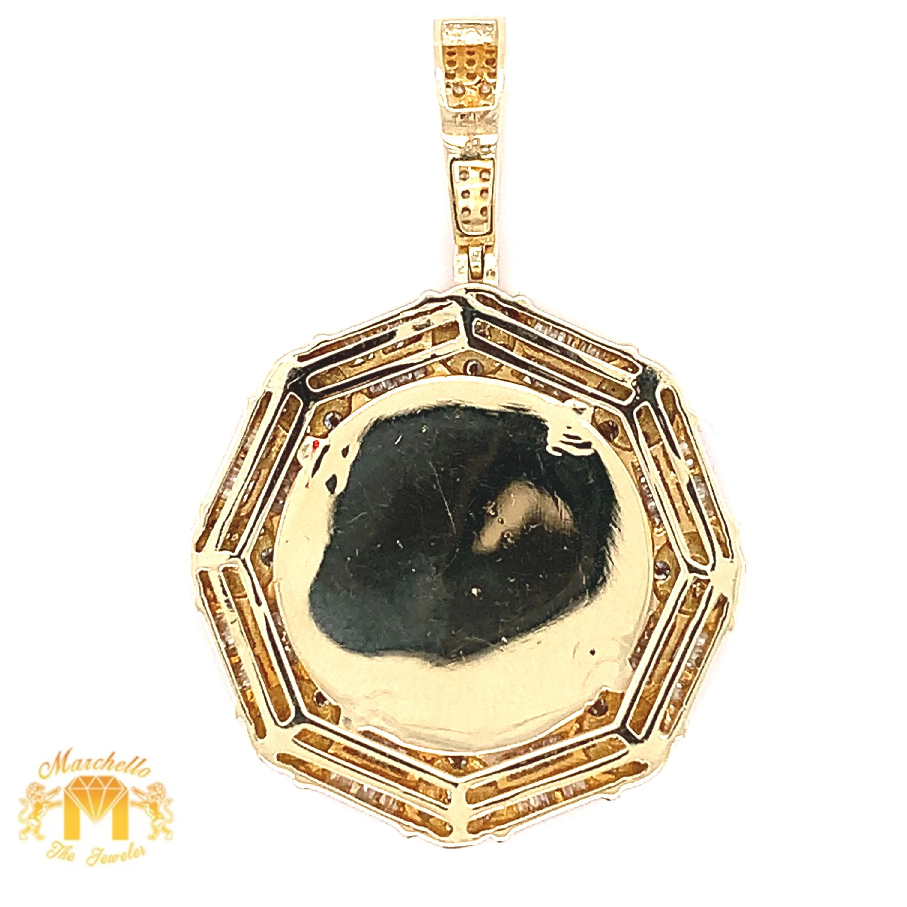 14k Gold Memory Picture Pendant with Baguette and Round Diamond and Gold Cuban Link Chain Set