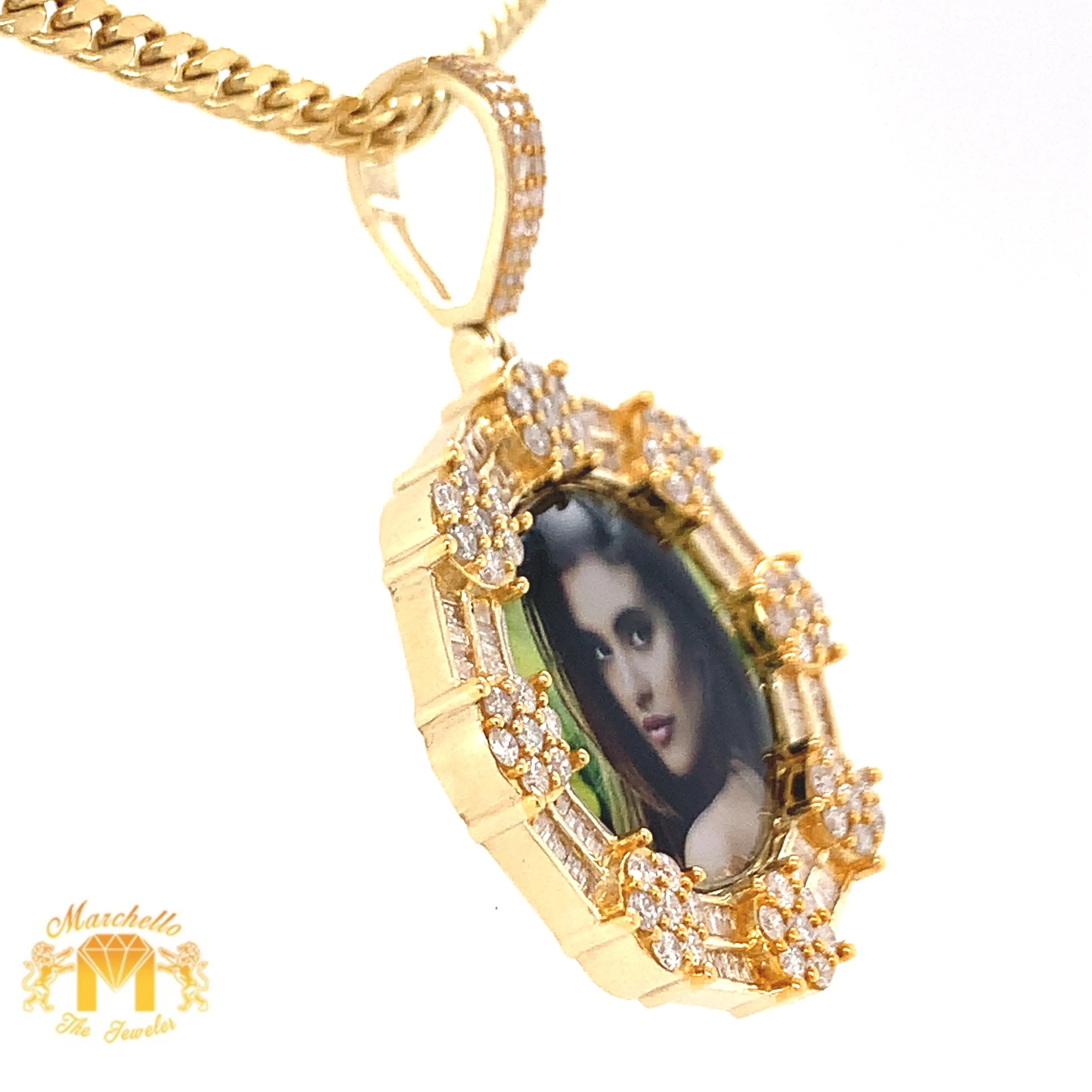 14k Gold Memory Picture Pendant with Baguette and Round Diamond and Gold Cuban Link Chain Set