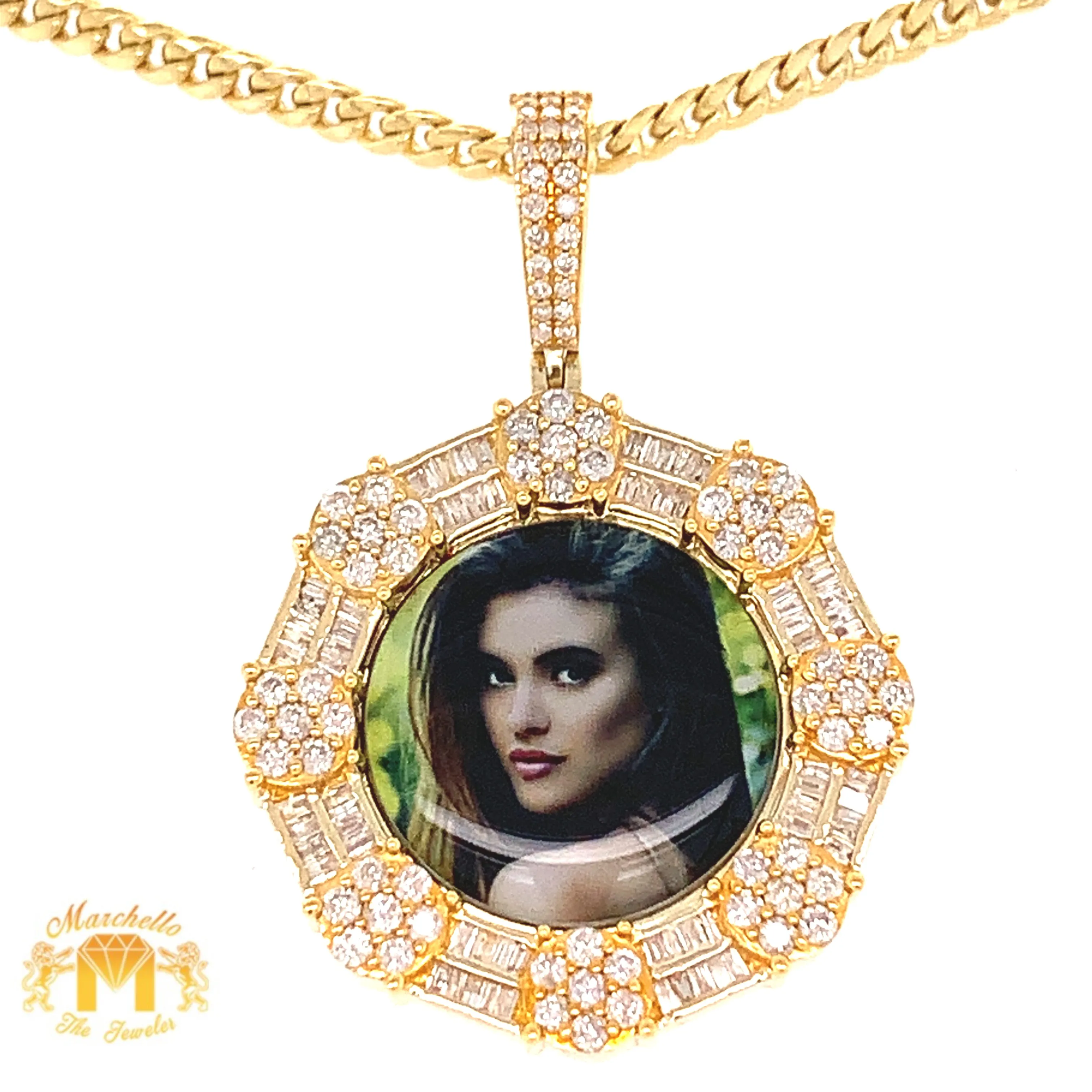 14k Gold Memory Picture Pendant with Baguette and Round Diamond and Gold Cuban Link Chain Set