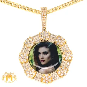 14k Gold Memory Picture Pendant with Baguette and Round Diamond and Gold Cuban Link Chain Set