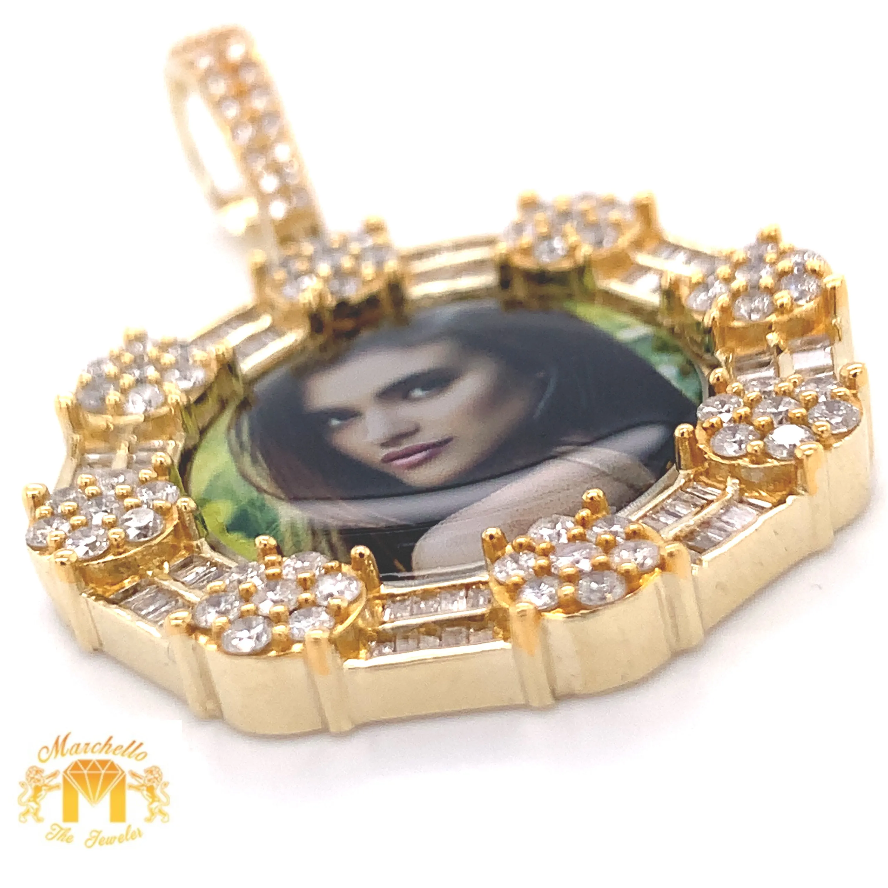 14k Gold Memory Picture Pendant with Baguette and Round Diamond and Gold Cuban Link Chain Set