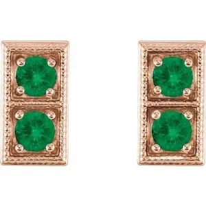 14K Rose Natural Emerald Two-Stone Earrings