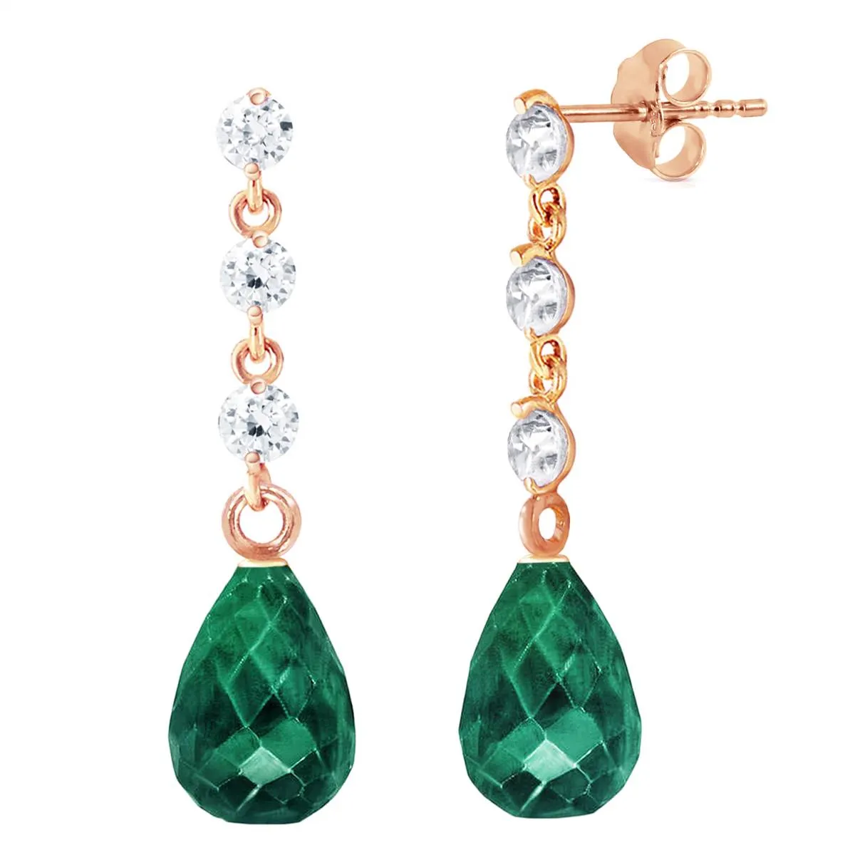 14K Solid Rose Gold Diamond & Emerald Gemstone Earrings