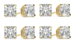 18k Yellow Gold 4mm 2Ct Cushion Cut White Sapphire Set Of Four Stud Earrings Plated