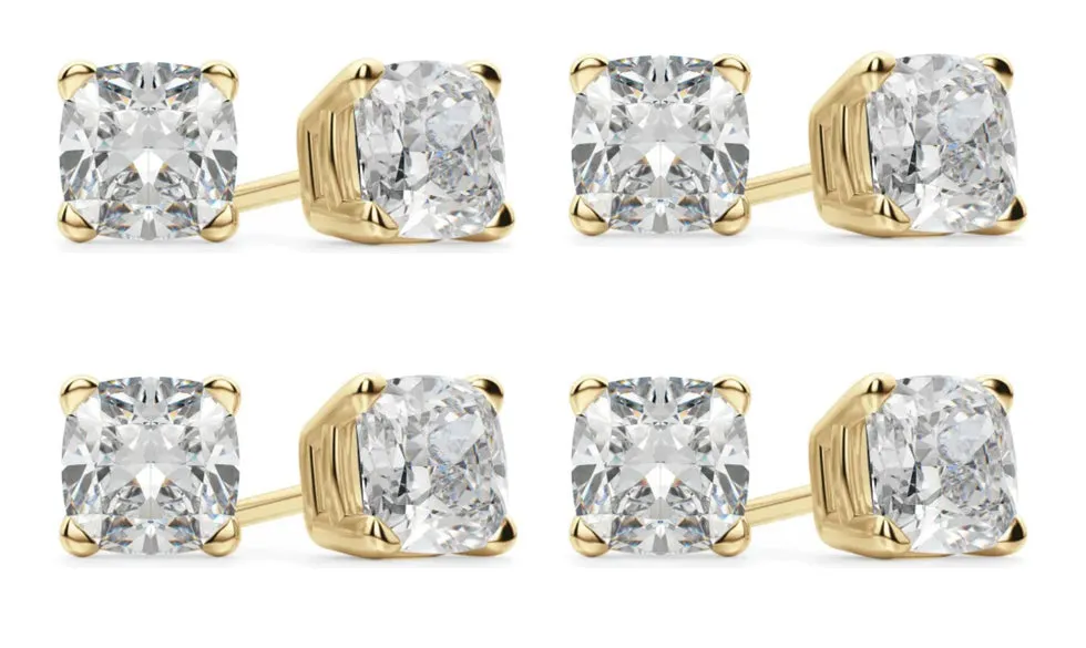 18k Yellow Gold 6mm 1/2Ct Cushion Cut White Sapphire Set Of Four Stud Earrings Plated