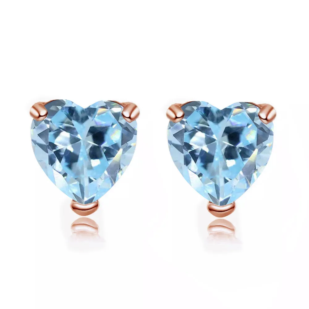 24k Rose Gold Plated 3 Carat Heart Created Aquamarine Sapphire Stud Earrings