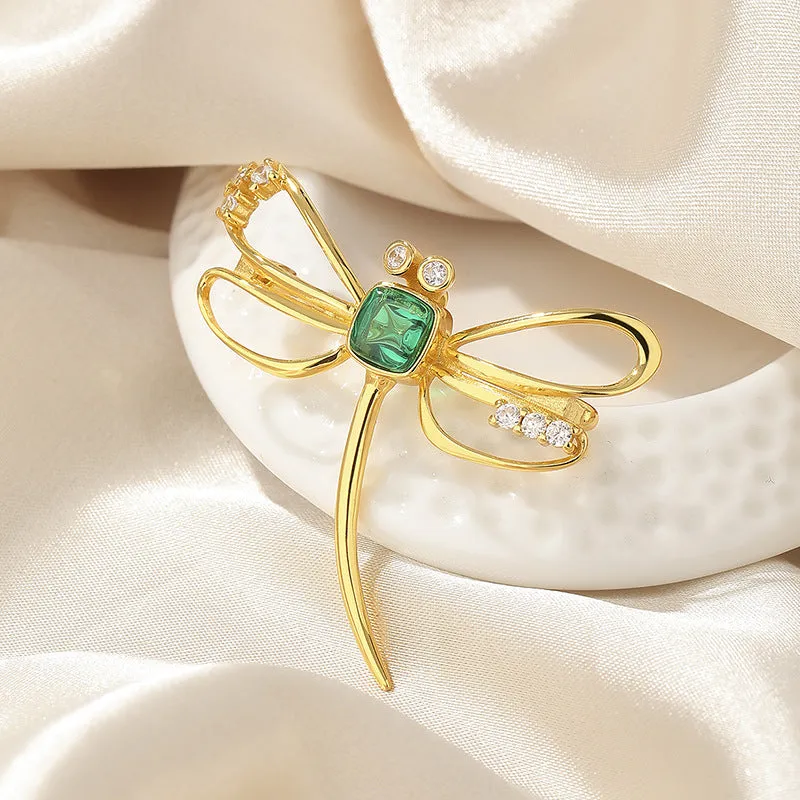 925 Silver Emerald Dragonfly Brooch