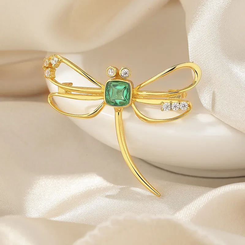 925 Silver Emerald Dragonfly Brooch