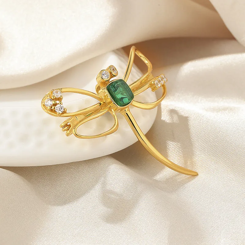 925 Silver Emerald Dragonfly Brooch