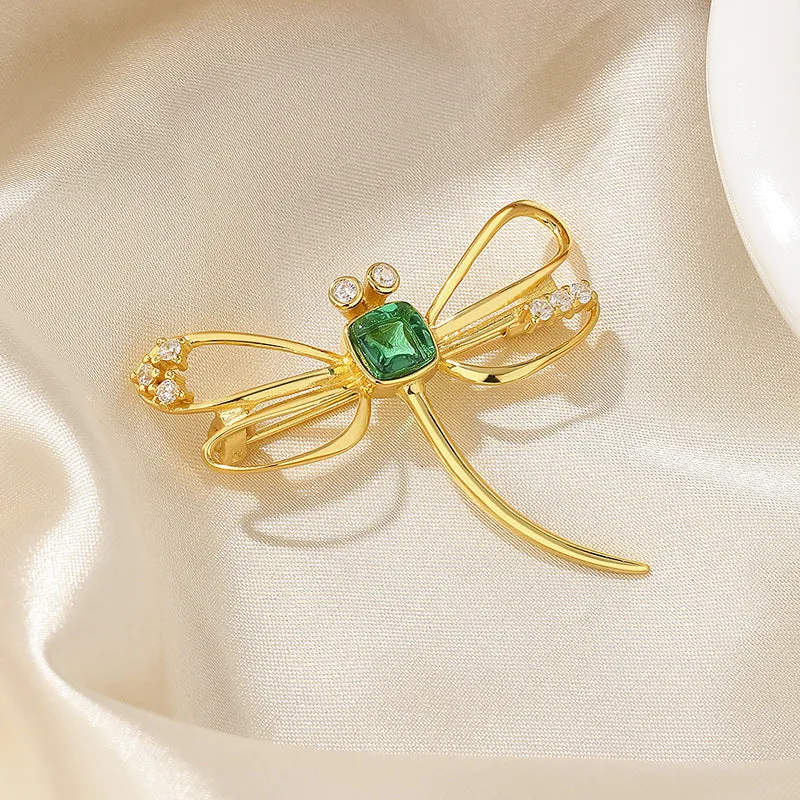925 Silver Emerald Dragonfly Brooch