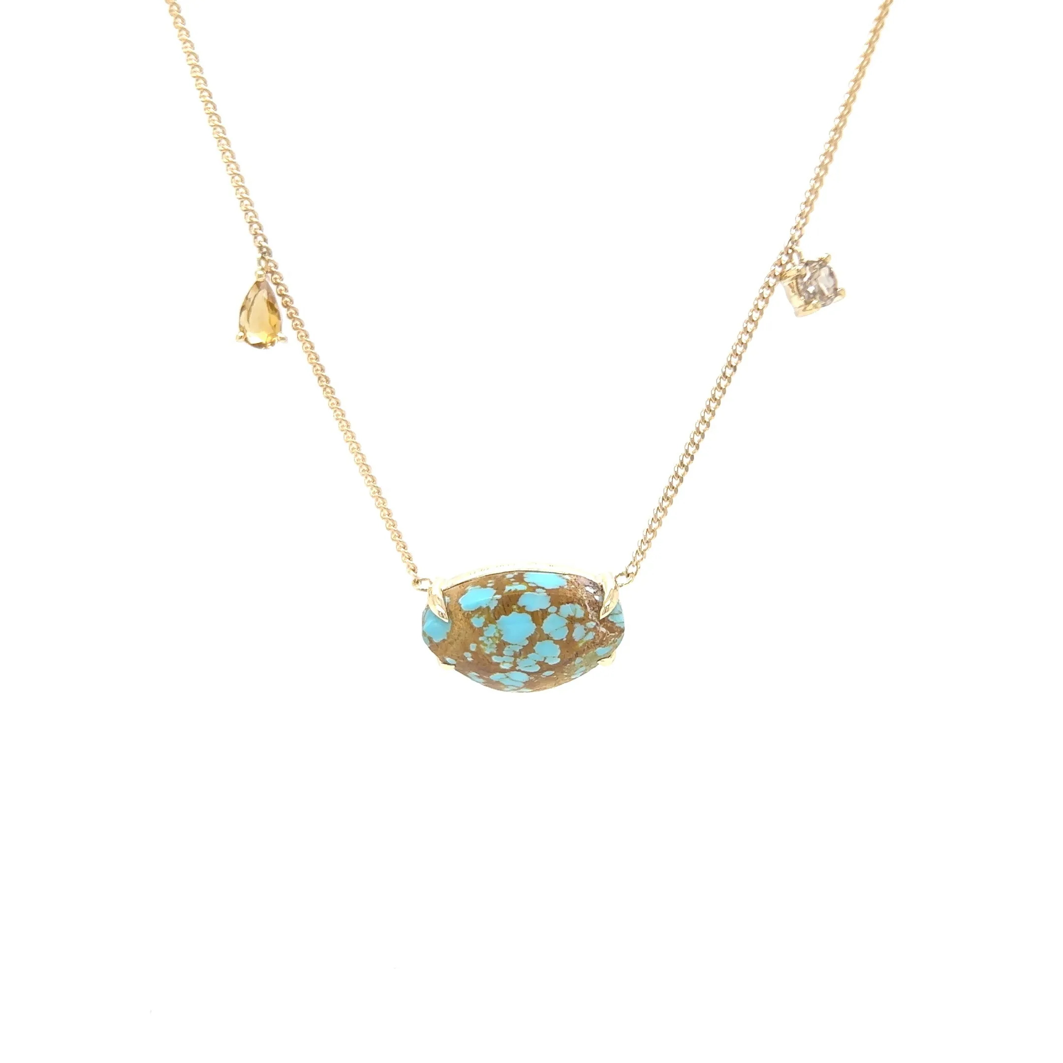 9ct Yellow Gold Australian Turquoise Cabochon Necklace with Champagne Diamond & Citrine Drops-Mosaic Collection
