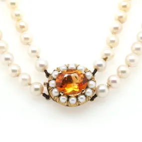 9ct Yellow Gold Oval Citrine and Pearl Clasp on 2 Row Cultured Pearl Necklace