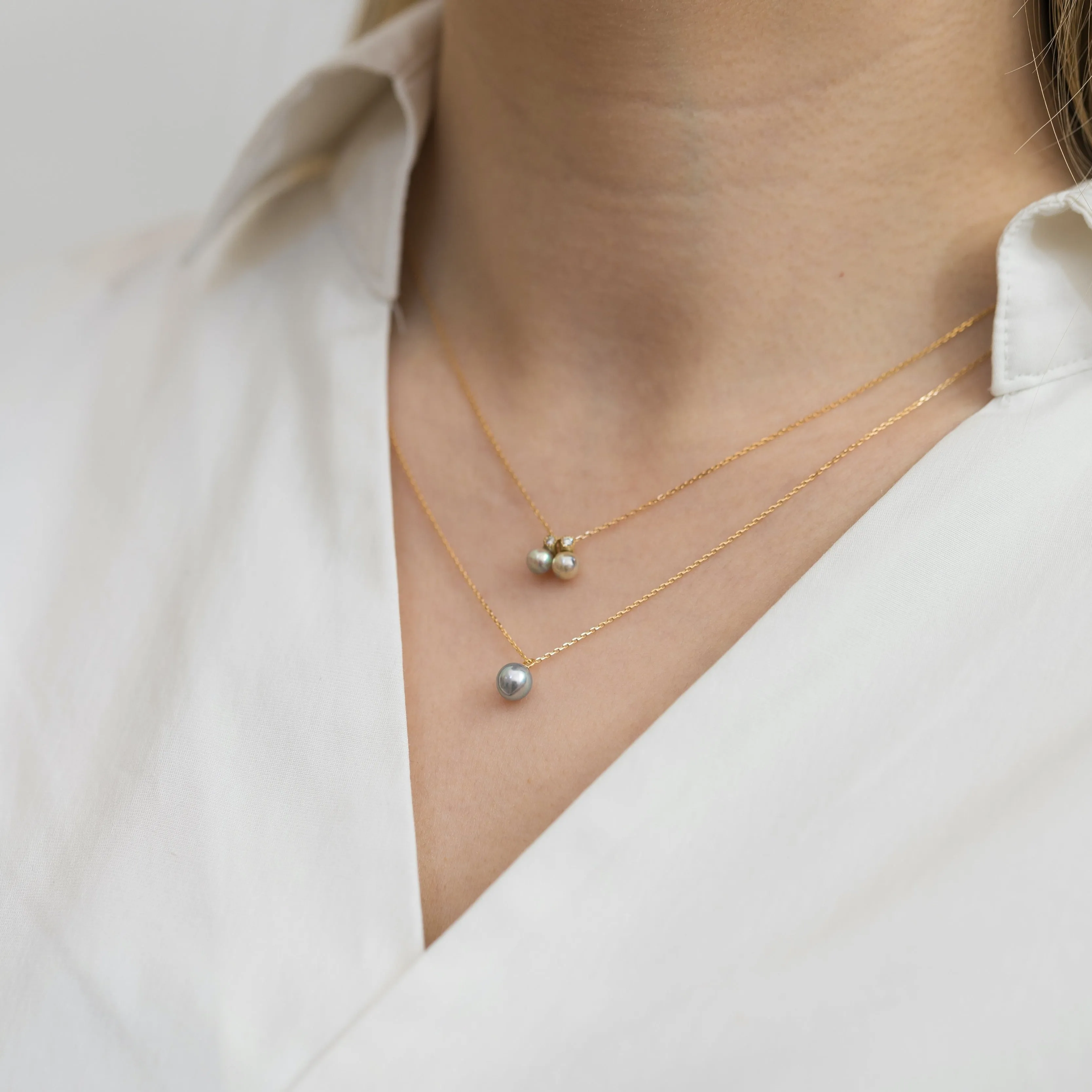 Baby Akoya pearl double pearl diamond necklace