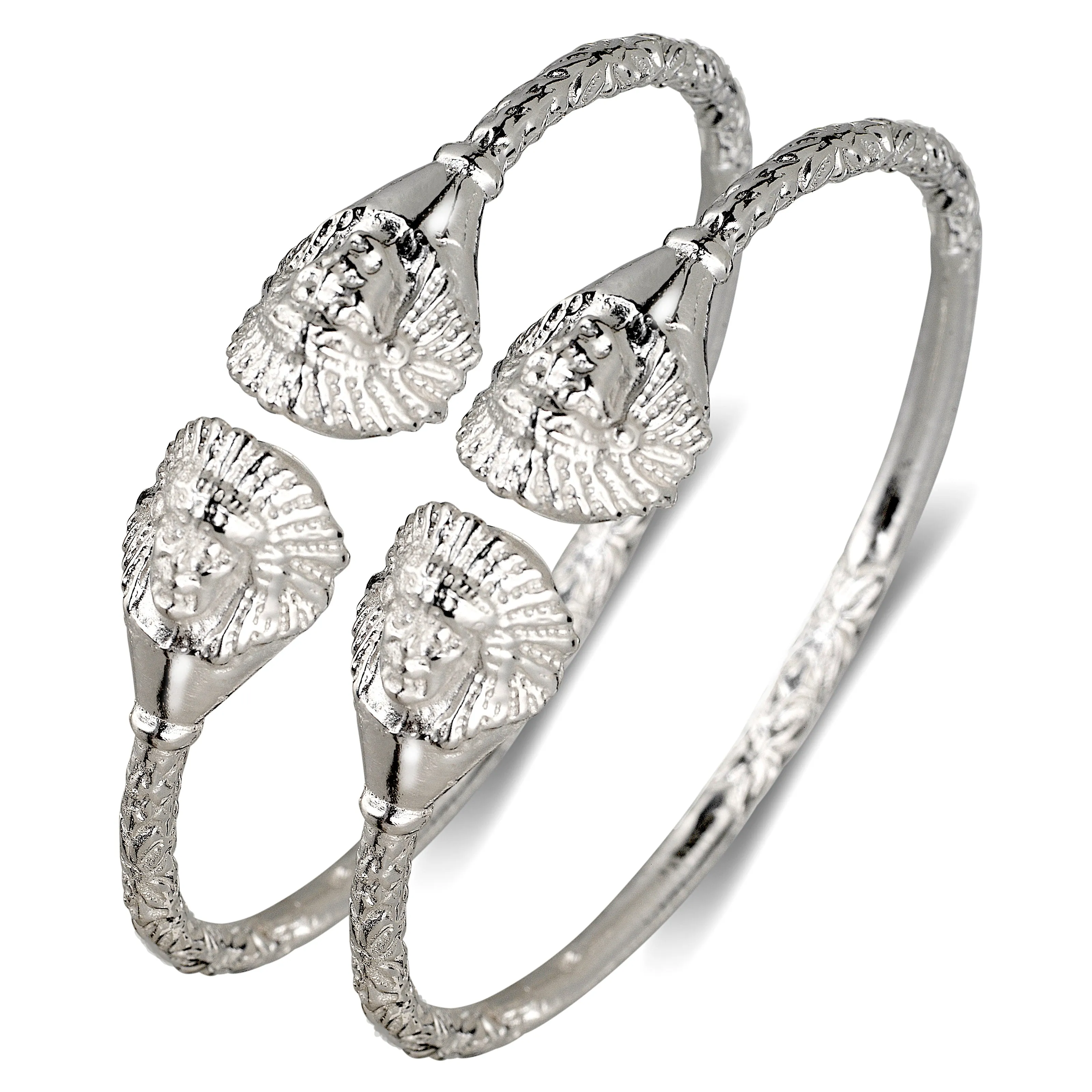 Better Jewelry Native American Chief Head .925 Sterling Silver West Indian Bangles, 1 pair