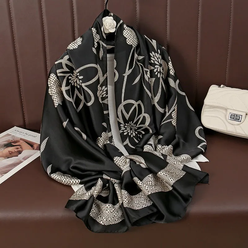 Black & White Floral Design High Quality Women's Silk Scarf