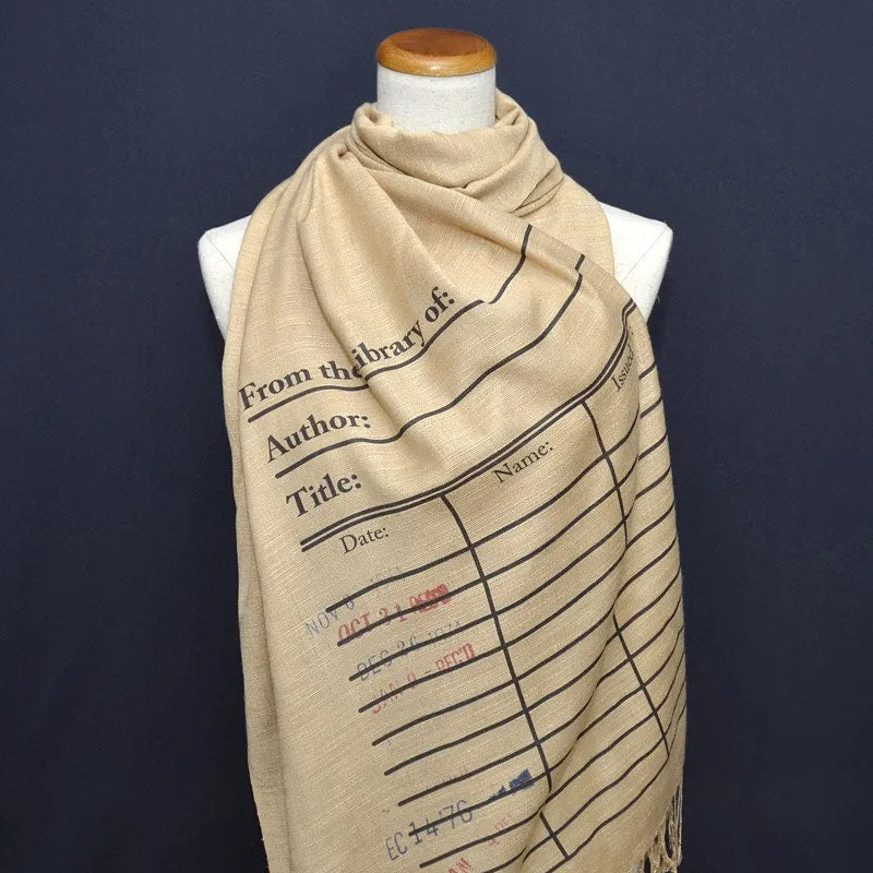 Book Scarf. Library scarf. Library card scarf with day due stamps. Print scarf. Beige scarf
