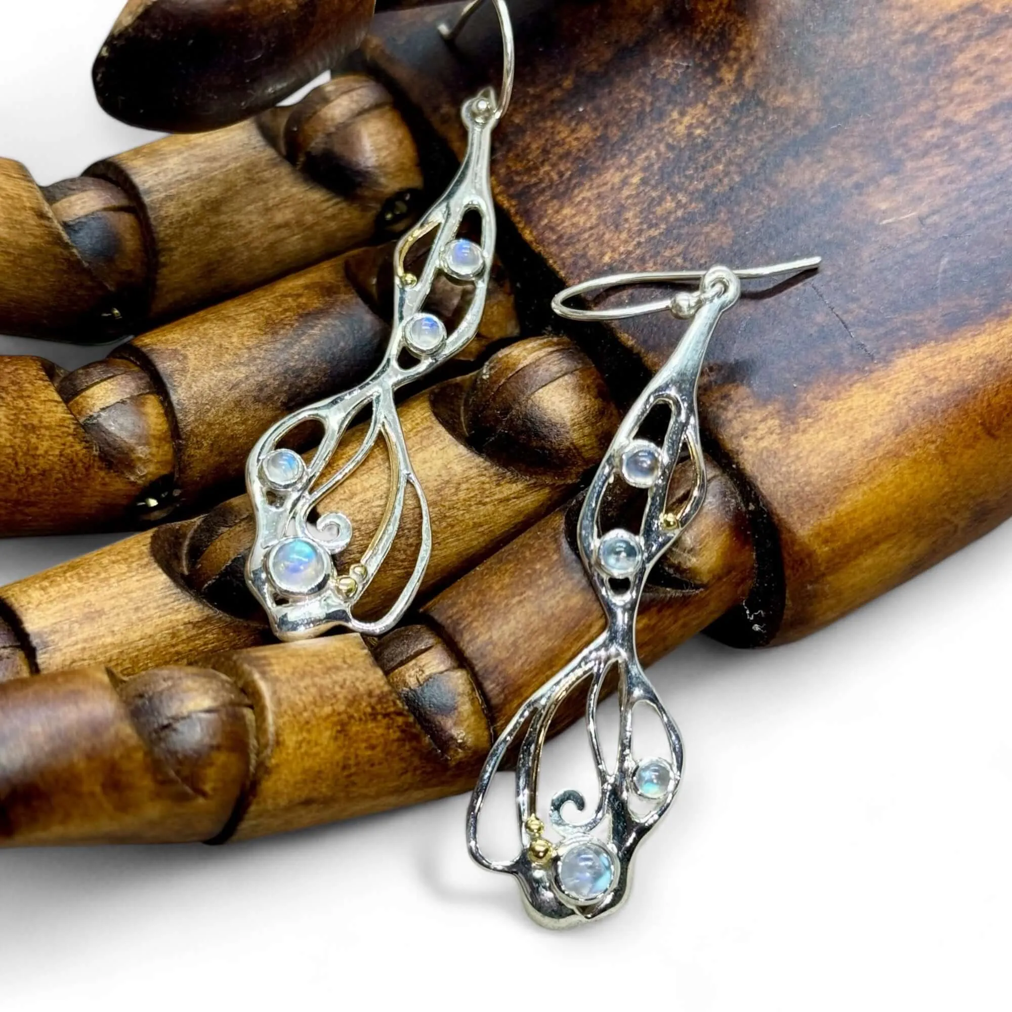 Cabochon Rainbow Moonstone Organic Flow Statement Earrings