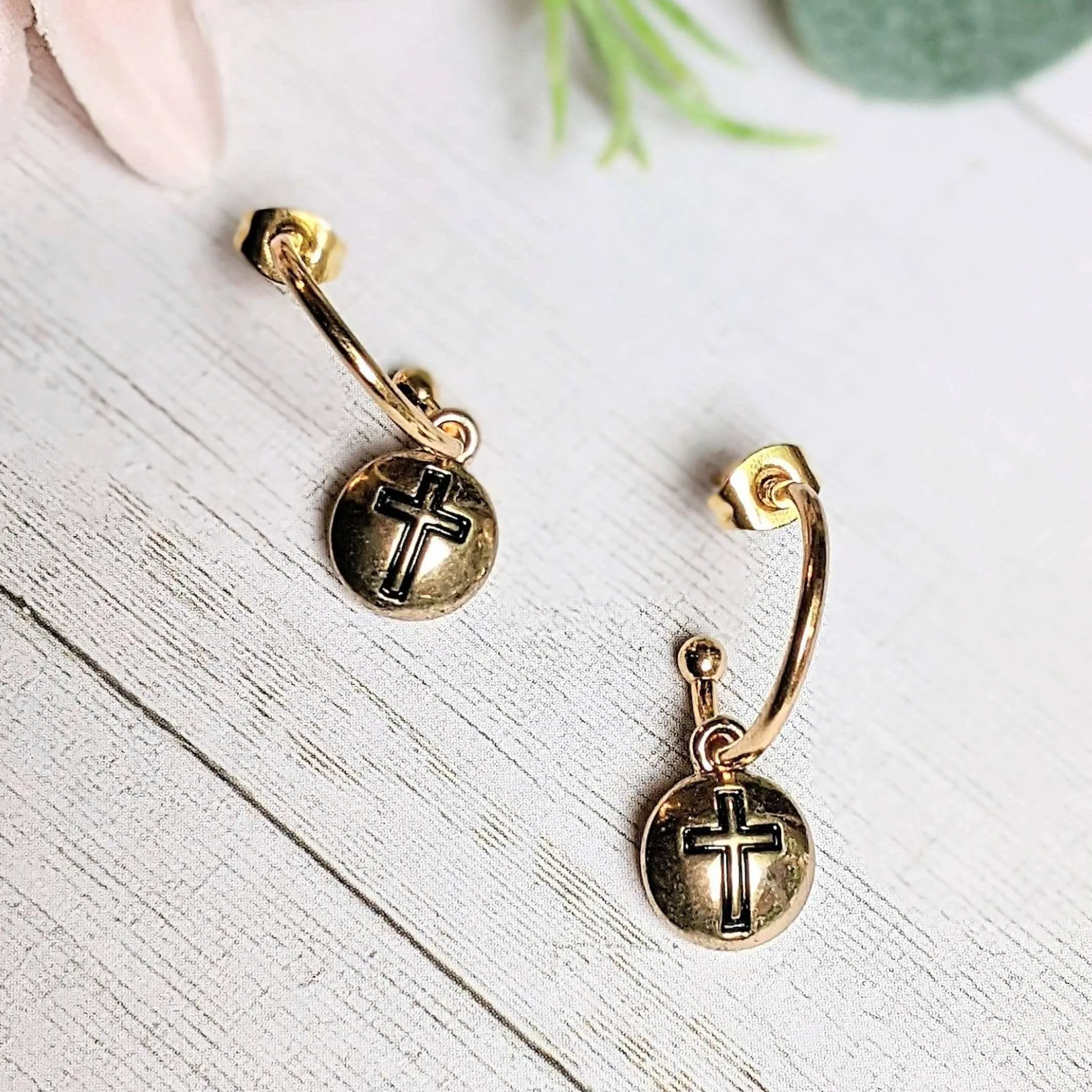 Cross Gold Hoop earrings, Hoop Drop