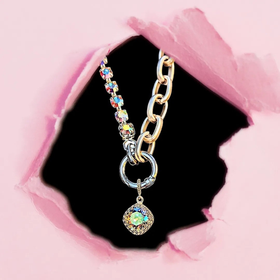 Crystal & Silver Snap Ring Necklace - 22 inch