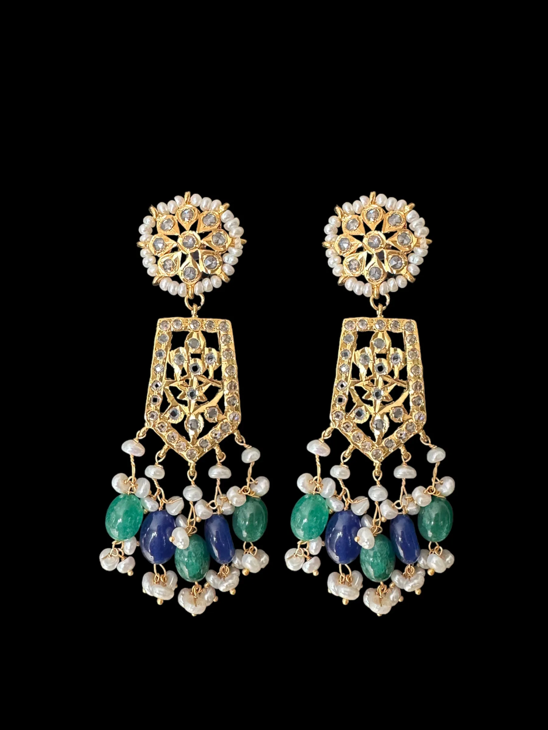 DER598 Indu earrings with fresh water pearls and emerald sapphire beads ( READY TO SHIP )