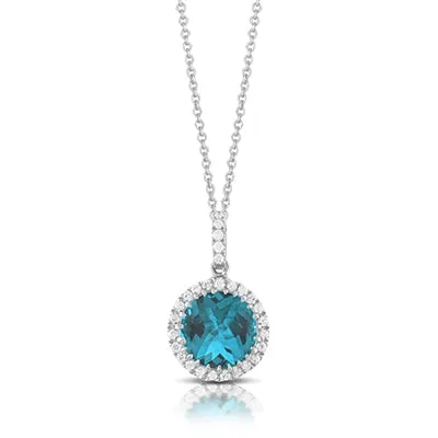 Doves 18K White Gold Round London Blue Topaz Pendant with Diamond Halo
