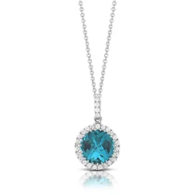Doves 18K White Gold Round London Blue Topaz Pendant with Diamond Halo