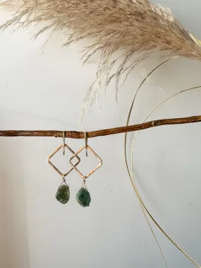 E2312 - yellow gf square hoop earrings with emerald slice stone