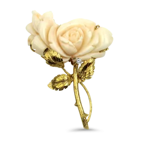 Estate 18K Yellow Gold Carved Coral Rose Brooch