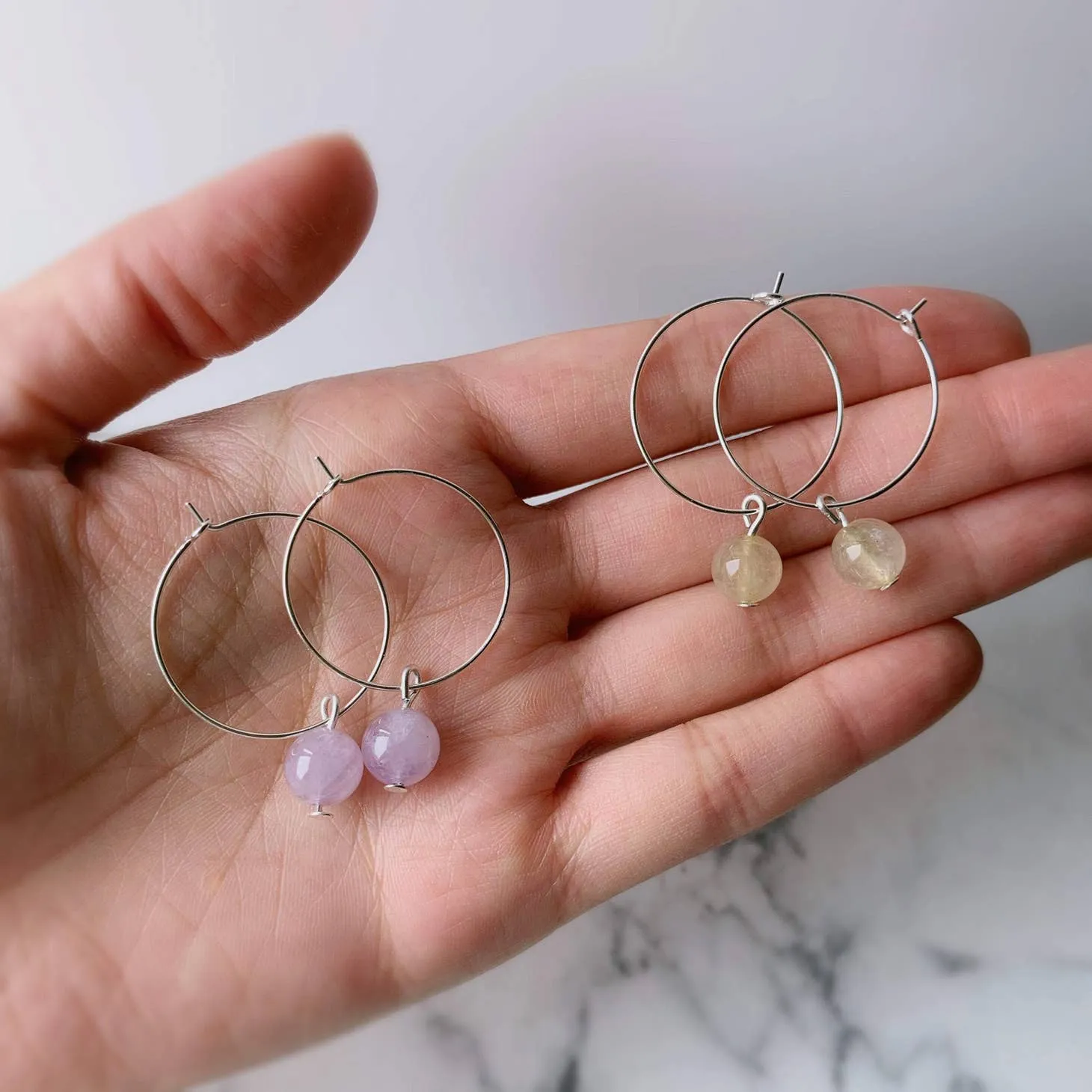 Gemstone Beads Hoop Earrings - Amethyst