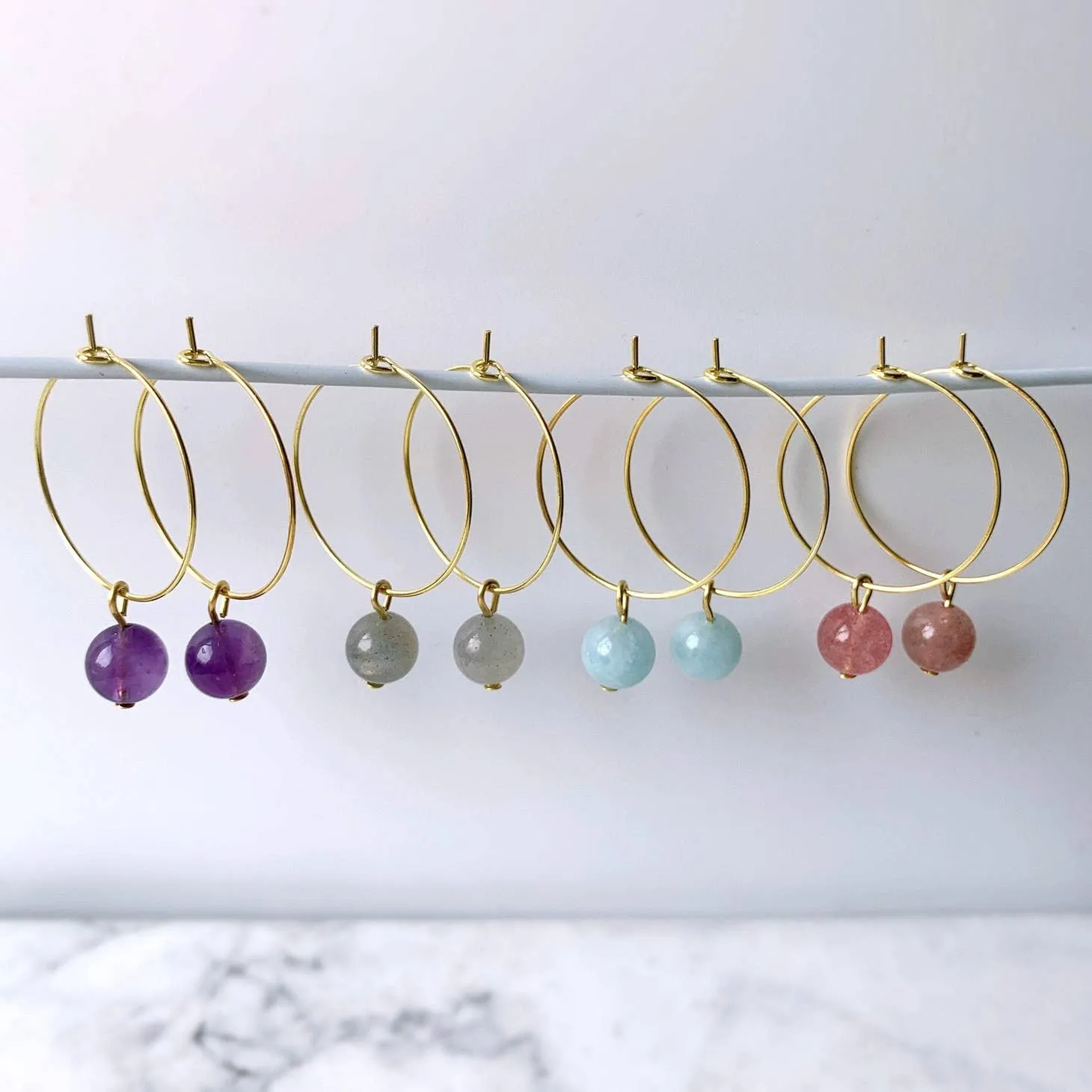 Gemstone Beads Hoop Earrings - Amethyst