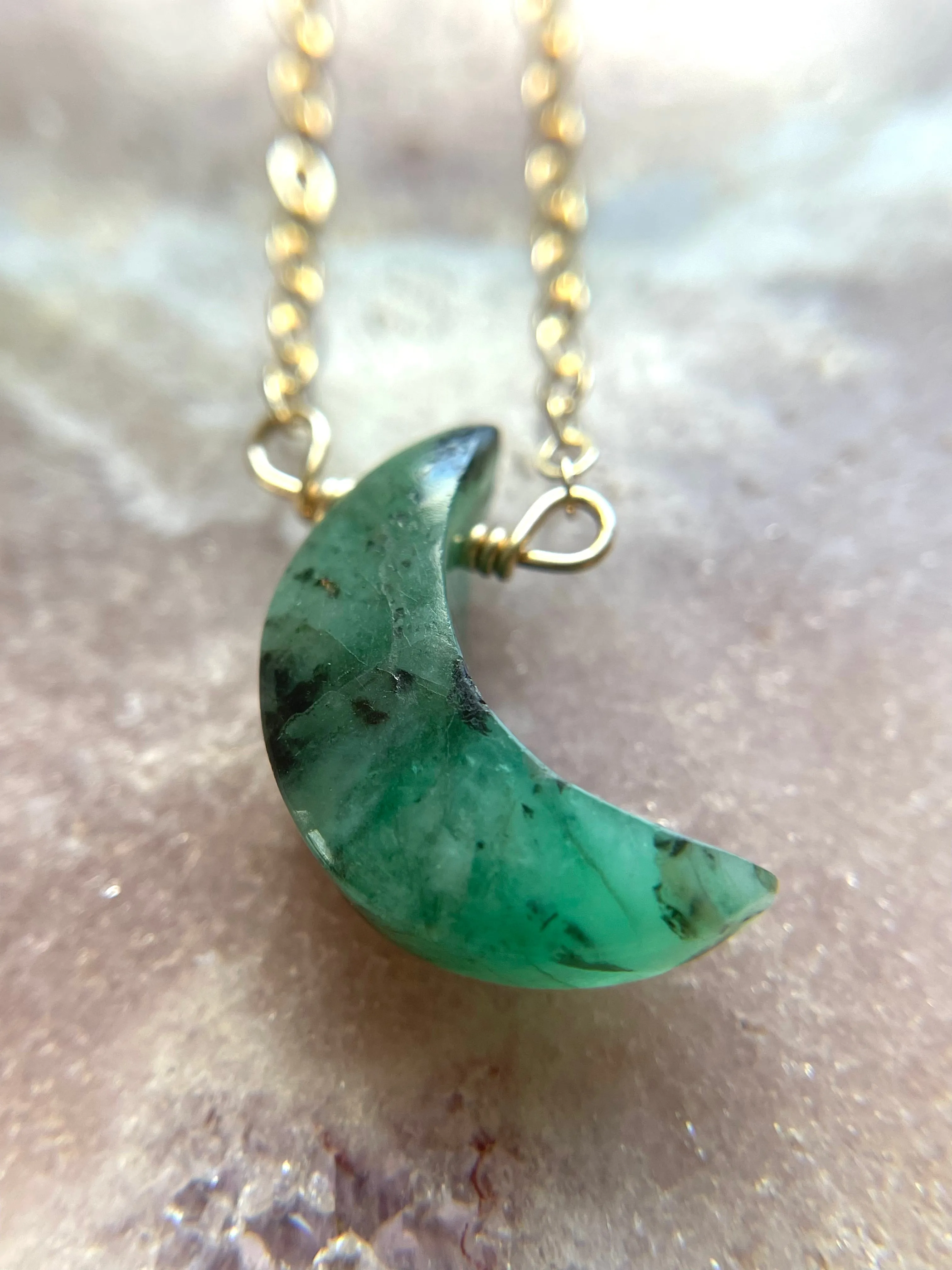 Natural Emerald Crystal Necklace Crescent Moon