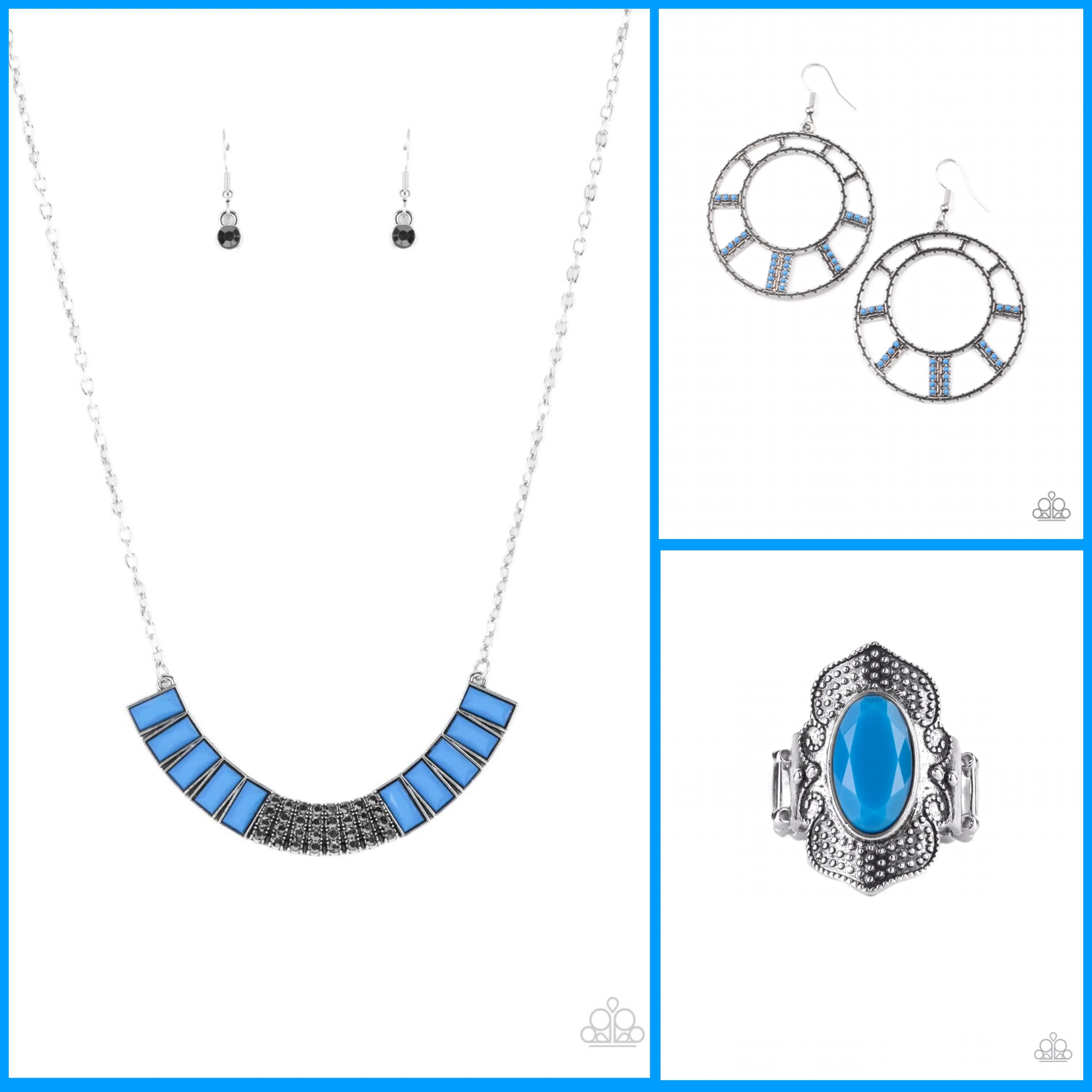 Paparazzi Coup de MANE Necklace Blue, Fleek Fortress Earrings Blue & Taj Mahal Trendsetter Ring Blue
