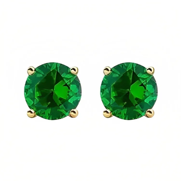 Paris Jewelry 18k Yellow Gold 2 Pair Created Emerald 4mm Round & Princess Cut Stud Earrings Plated