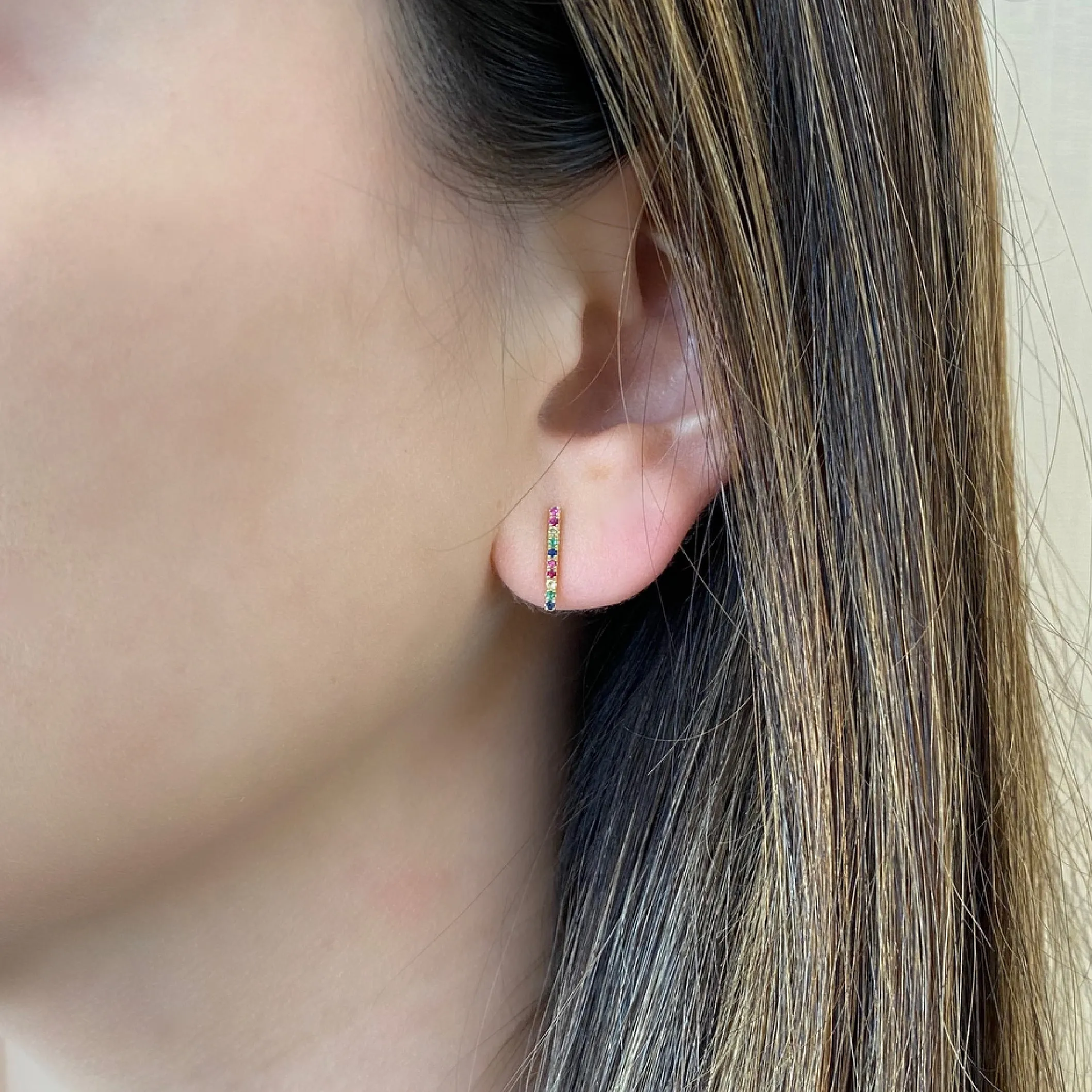 Rainbow Gemstone Bar Stud Earrings