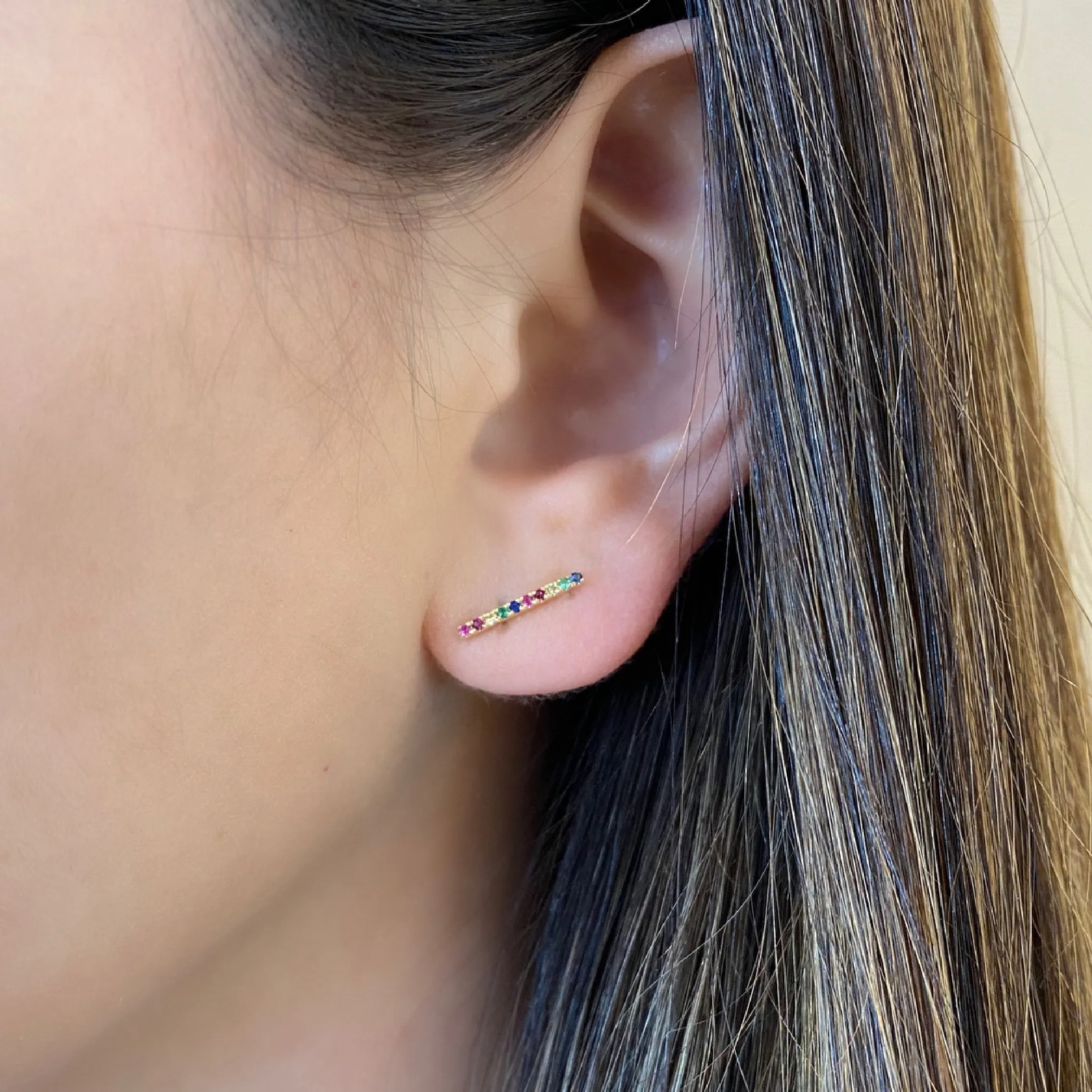 Rainbow Gemstone Bar Stud Earrings