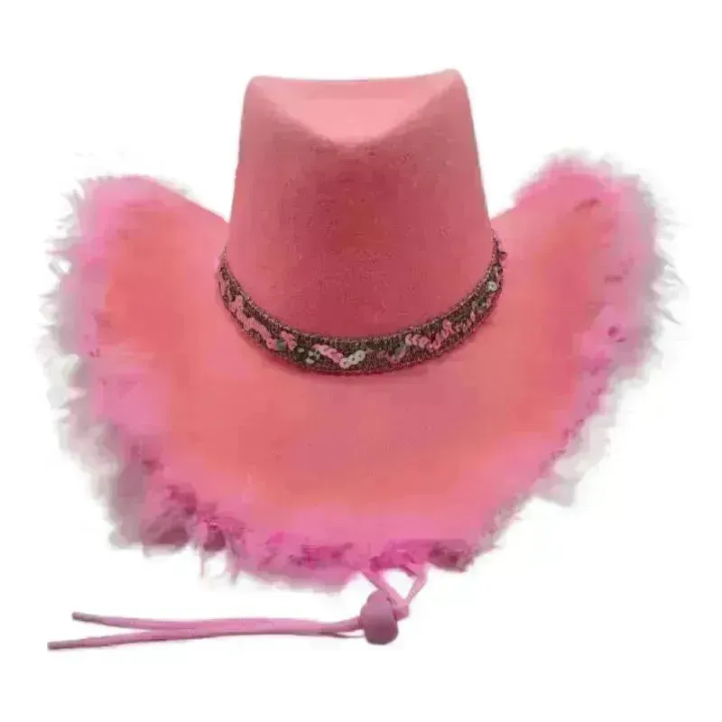 Trendy cowgirl hat Sequined Ribbon Upturned Eaves Raw Edge Denim Top Hat Pink Cowgirl Hat womens pink cowboy hat
