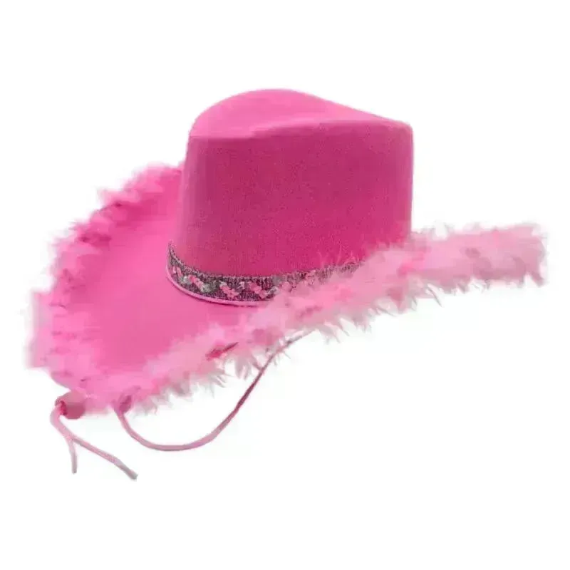 Trendy cowgirl hat Sequined Ribbon Upturned Eaves Raw Edge Denim Top Hat Pink Cowgirl Hat womens pink cowboy hat